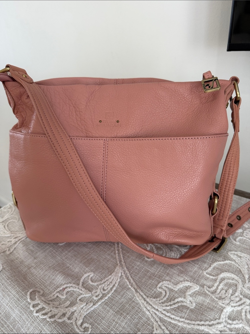 Stone Mountain Peach-Pink Leather Shoulder Hobo Bag with Adjustable Strap